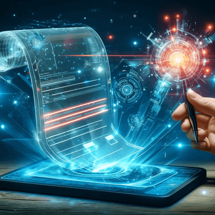 E-Rechnungspflicht: Hand hält Stift über Tablet, aus dem eine virtuelle Rechnung erscheint