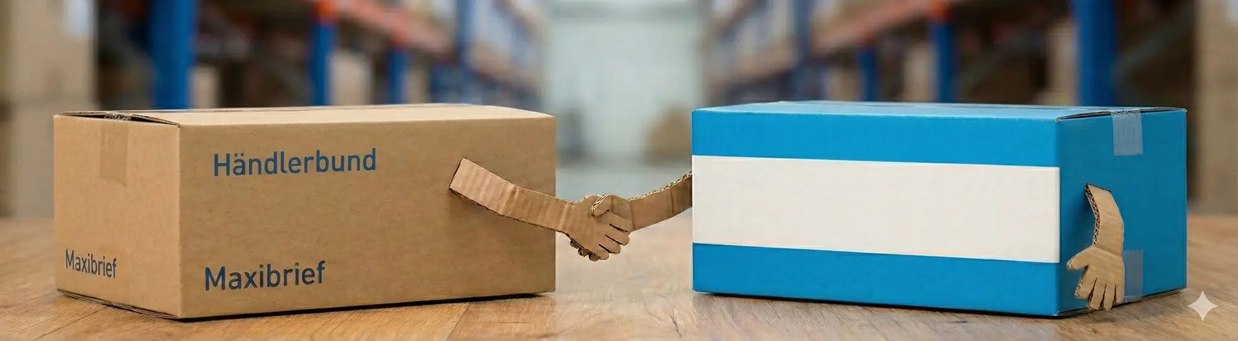Händlerbund Maxibriefkarton schüttelt einem Karton im Design eines Hermes Päckchen die Hand.
